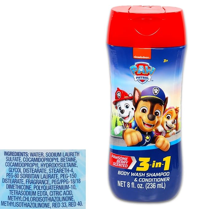 Paw Patrol Kids Shampoo, Conditioner, Body Wash 8 Oz Bottle - Bundle with 3-in-1 Berry Scented Body Wash, Shampoo & Conditioner Plus Stickers | Paw Patrol Bathroom Set