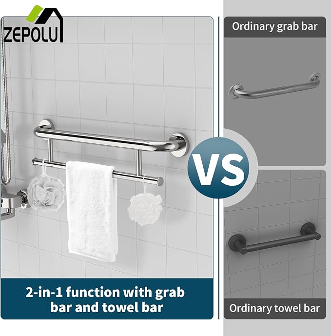 Chrome Towel Grab Bar 24 Inch - 1.25” Diameter, Zepolu Stainless Steel Safety Bar w/Towel Holder, Shower Assist Balanced Support Handle, Wall Mounted Bathroom Towel Rack for Senior Elderly Handicap