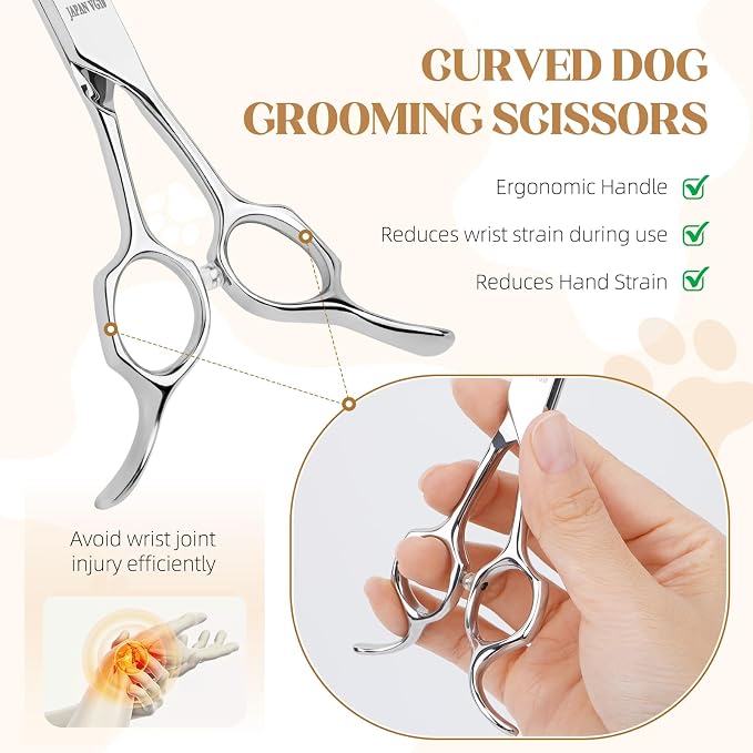 Curved Dog Grooming Scissors 7.5 Inch VG10 Steel | Smooth controlled cuts for face, paws, ears and body; comfortable grip for detailed shaping