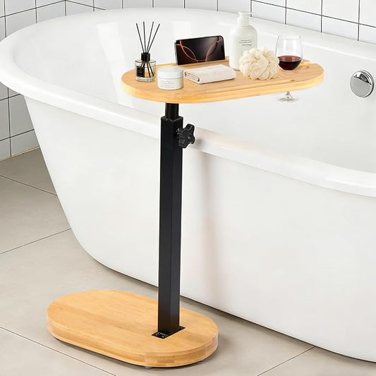 Bamboo Bathtub Side Table, 360° Swivel Height Adjustable Freestanding Bath Caddy Tray Organizer with 5 Storage, Luxury Home Spa Bathroom Essential (Natural)