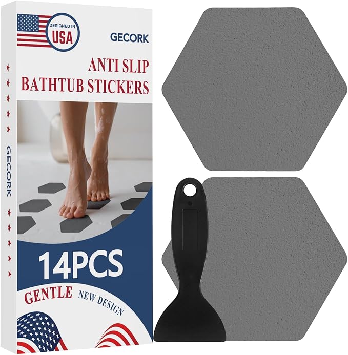 Gecork 14 PCS Shower Floor Non Slip Stickers with Strong Adhesive, Invisible & Durable Anti Slip Shower Stickers with Scraper for Bath Tub, Pools and Stair, Grey, Hexagonal