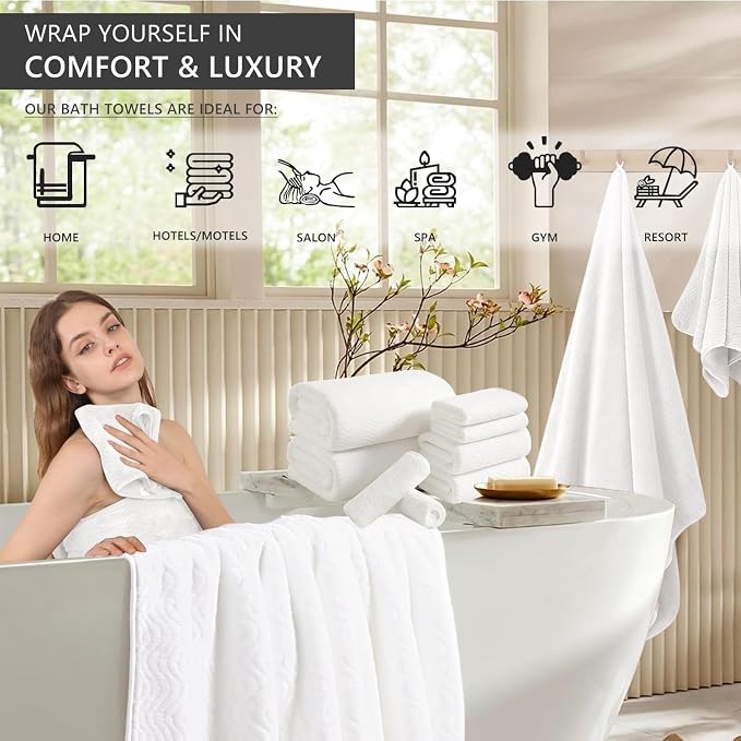 8 Piece Bath Towel Set White|2 Oversized Large Bath Sheet,2 Hand Towels,4 Washcloths| Ultra Soft Cozy Bath Towel Set for Bathroom Hotel Gym Spa,Highly Absorbent & Quick Dry Bathroom Towel Collections