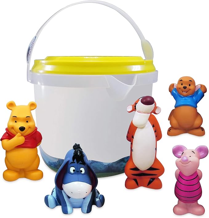 Disney Store Official Winnie the Pooh Bath Toys Set - Includes 5 Detailed Toys with a Straining Storage Bucket - Bath Time Fun and Water Play Set for Kids