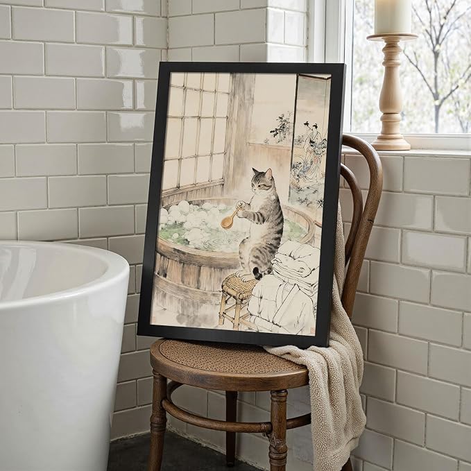 Whimsical Japanese Style Cat Hot Spring Bath Art Posters - Aesthetic Wall Prints for Home & Apartment Decor 20X30 in Wrapped Framed