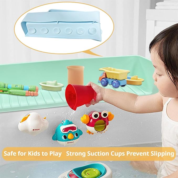 Bathtub Splash Guard for Kids – Silicone Bath Tub Splash Guard with Suction Cups, Play Shelf & Toy Holder, Fun Bath Time for Toddlers Baby (Blue)