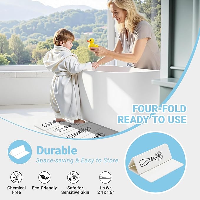 Foldable Stone Bath Mat - 24x16 Inch, Diatomaceous Earth Fast Absorbent Large Black and White Floral Farmhouse Stone Bath Mats for Bathroom Decor Quick Dry Non-Slip Shower & Bathtub & Drying Mat