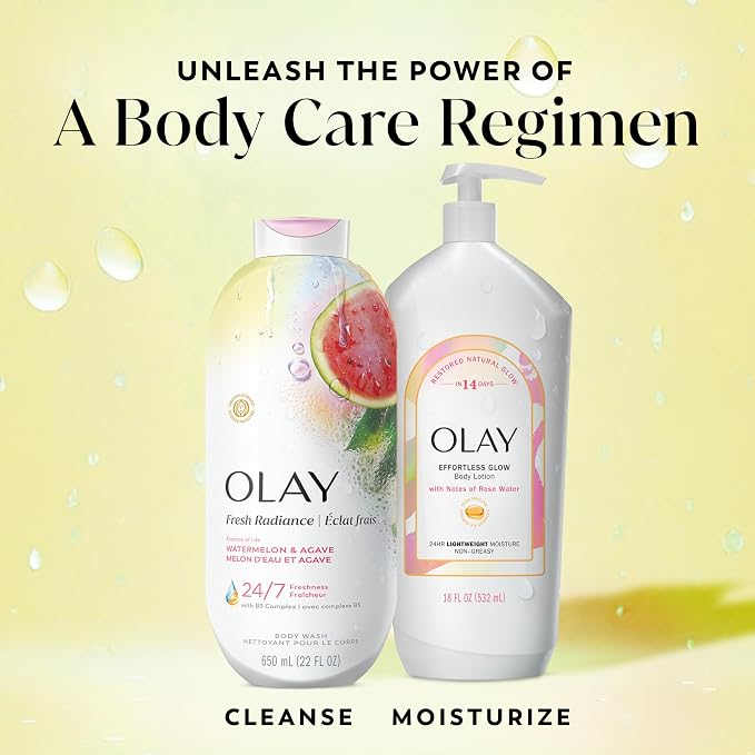 Olay Body Wash for Women, Fresh Radiance, 24/7 Skin-Loving Freshness, Visibly Radiant, Plant Based Cleansers, Vitamin B3 & Antioxidant Blend, For All Skin Types, Watermelon & Agave Scent, 22 fl oz