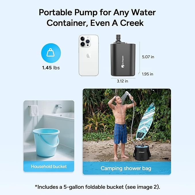 DR.PREPARE Portable Shower, Dual Camping Shower Pumps, 2×5000mAh, 11,000 RPM Motor, 1.32gal/min Flow, Pressurized Nozzle, 60min Runtime, 5gal Bucket, Portable Shower for Camping, Hiking, Pets, Beach