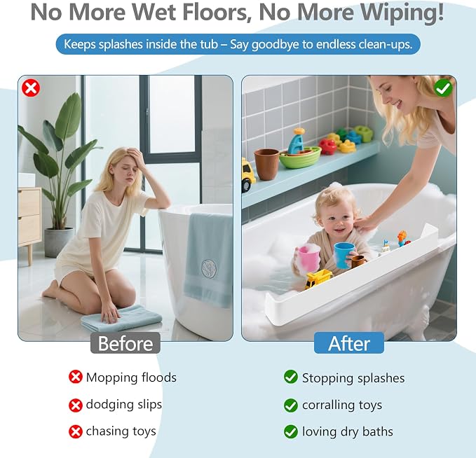 31.5" Bathtub Splash Guard for Tub Kids, Silicone Splash Shield with 11 Suction Cups, Toy Tray Shelf, No Spill Water Barrier, Prevents Mess, Fun Bathtime for Toddlers Baby–White