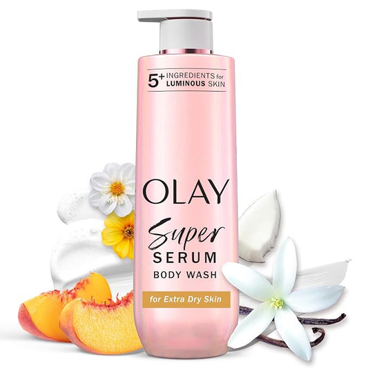 Olay Super Serum Body Wash for Extra Dry Skin, 24hr Long Lasting Rich Hydration, 5+ Ingredient Complex for Bright, Even, Firm, & Luminous Skin, with Collagen Peptide, Vitamin C & Shea Butter, 20 fl oz