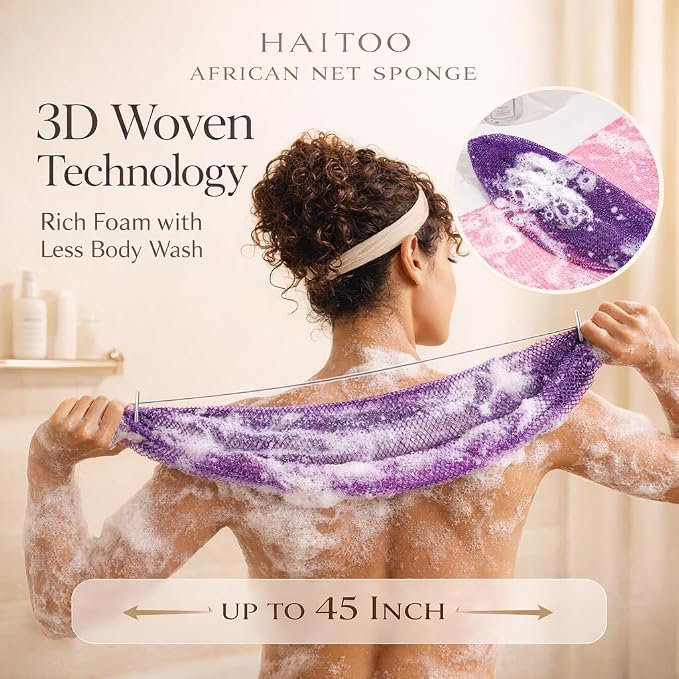 African Net Sponge Authentic, 4 Pieces African Exfoliating Net Sponge Body Back Scrubber Exfoliating Washcloth for Shower Bath for All Types Skin (Black+Purple+Pink+Green, 4 Pcs)