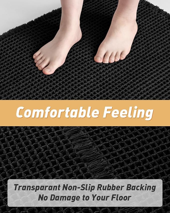 Upgraded Waffle Bath Mat Set of 2, Super Absorbent Non Slip Bath Mats for Bathroom Floor, Washable Boho Bathroom Rugs Set 2 Piece with Tassels, Soft Bathroom Mat Set, 17" x 24" +18" x 30", Black