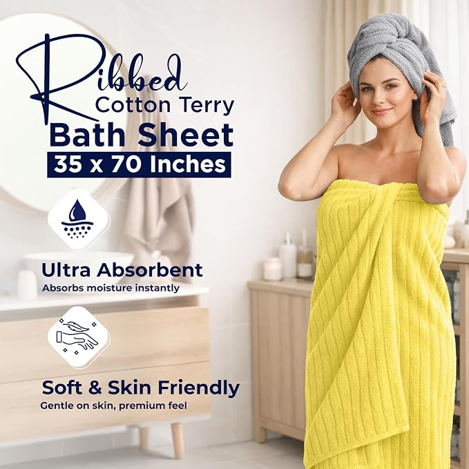 DAN RIVER Pack of 2 Bath Sheet 35x70 Inches, Ribbed Large Bath Towels Oversized for Adults, Soft and Absorbent Hotel Towels - Yellow