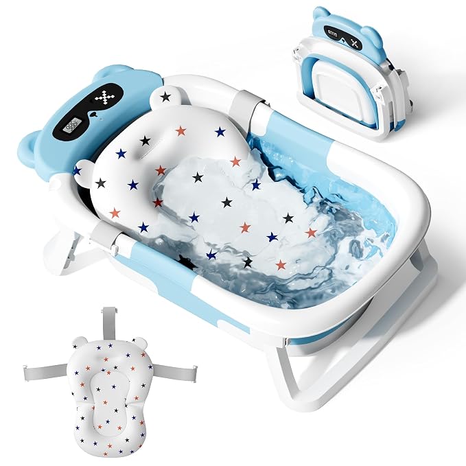 Baby Bathtub,Foldable Baby Bath Tub for Newborn to Toddler (0-18 Months) – Collapsible Infant Tub for Travel with Thermometer, Soft Cushion,Blue