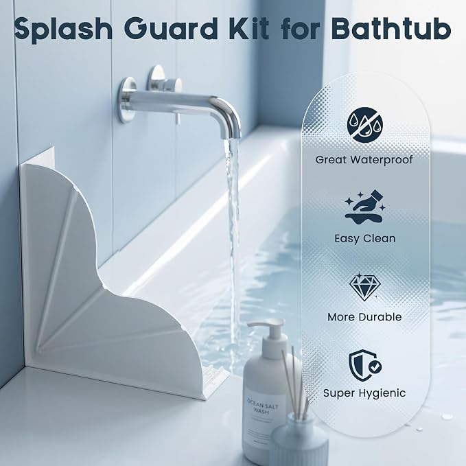 Shower Splash Guard for Bathtub 2 Packs, Silicone Bathtub Water Guard Kit, Waterproof Bath Tub Water Blocker, Shower Corner Guards to Keep Water in Shower or Bath - White