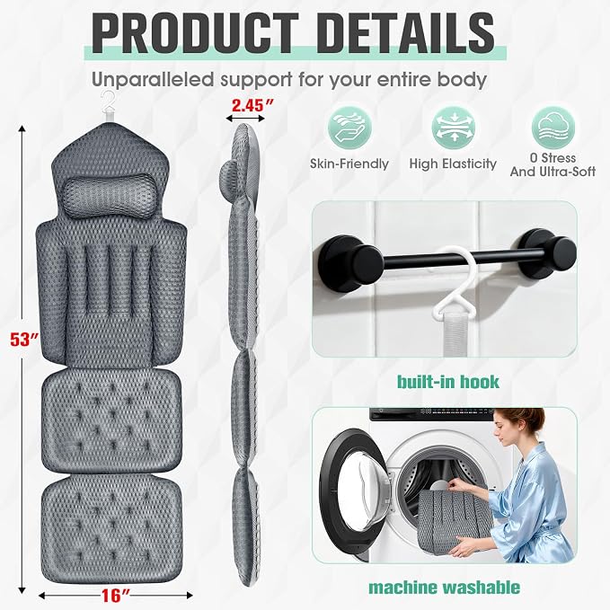 Upgraded Full Body Bath Pillow for Bathtub,Luxury Thick Bath Cushion for Soaking Tub with 192 Suction Cups,Full Body Bathtub Pillows for Head and Neck Shoulder Support,4D Air Mesh, 53" x 16" Dark Gray