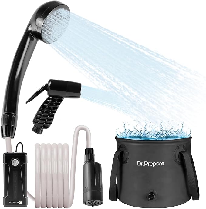 DR.PREPARE Portable Shower for Camping, Camping Shower with 4.5 Gallons Foldable Bucket, USB Rechargeable Battery, 2 Shower Heads, Outdoor Camp Showers for Hiking, Travel, Climbing, Pet Cleaning