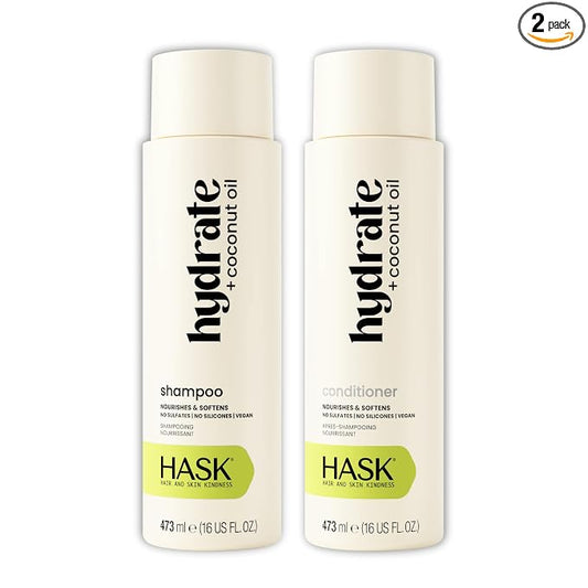 HASK Hydrate + Coconut Oil Shampoo + Conditioner Set | with Linseed Oil for Dry, Dull Hair | 16oz each, 2 Pack