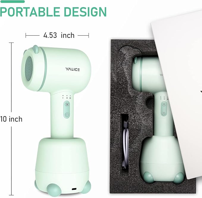YALICE Cordless Hair Dryer for Baby and Kids, Portable Travel Blow Dryer with Gentle Airflow & Low Heat Ionic Care for Infant, 3 Speed Settings, Mini Rechargeable Hair Dryer with Charging Base (Green)