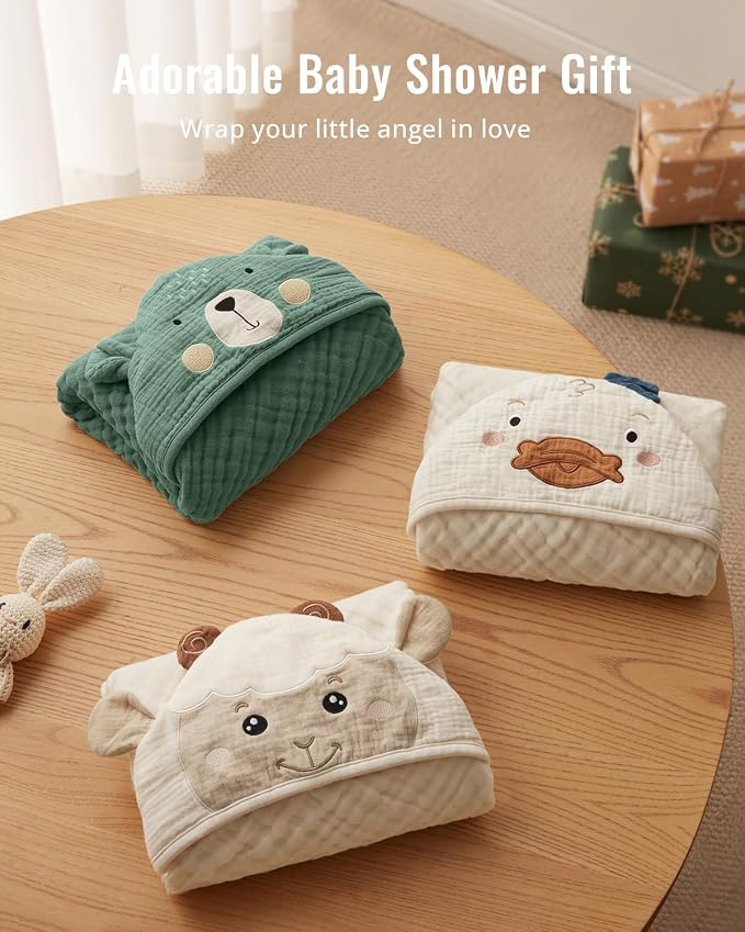 Blissful Diary Muslin Baby Hooded Towel 1 Pack, Soft & Absorbent Bath Towel for Infant, Toddler, Unisex, Baby Gift, Newborn Essentials, Gentle Lamb