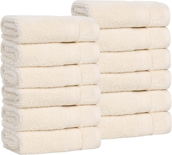 Superior Belmont Zero Twist Cotton Medium Weight Small Towels, for Kitchen, Bathroom, Shower, Spa, Plush, Quick Dry, Ultra-Soft Essentials, Thick Border, Face Towels Washcloths, Set of 12, Ivory