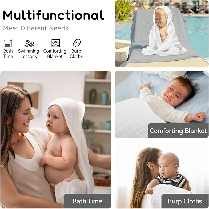 Baby Hooded Towels for Babies and Toddlers, Muslin Baby Bath Towel Soft and Absorbency for Boys and Girls (White 2 Pack)