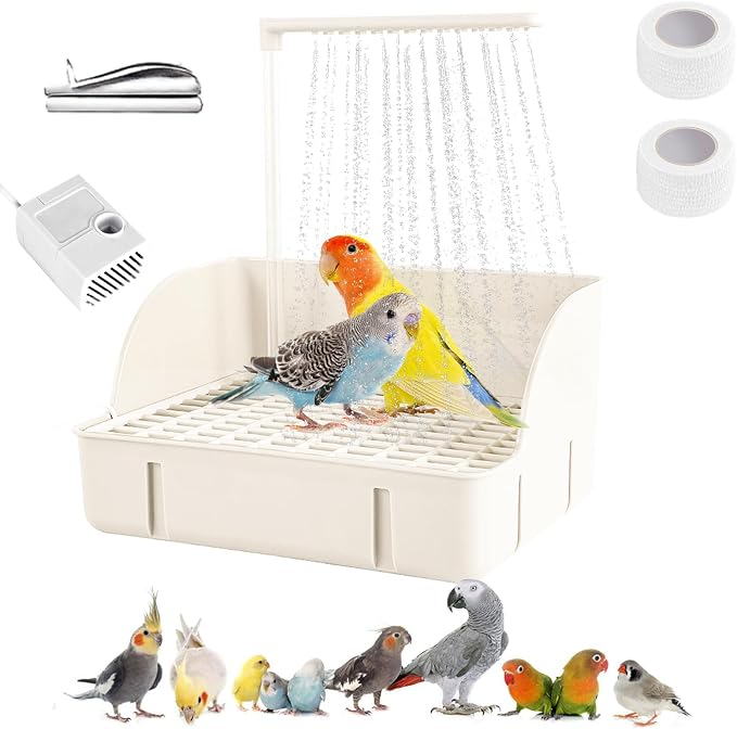 Parrot Bathtub Bird Automatic Bath Shower,Large Bird Shower Fountain Indoor Bathtub with Running Water, Contains USB and Pump,for Pet Birds, African Grey, Cockatiel, Conure, Budgie, Lovebird(White)
