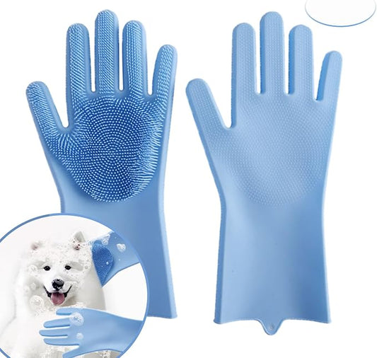 Pet Grooming Gloves & Dog Bath Brush - 2-in-1 Grooming Gloves for Dog, Silicone Cat Brush Glove for Hair Removal, Massage & Bathing, Heat Resistant & Non-Slip (Grey/Blue)