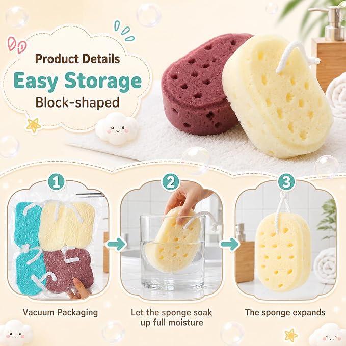 FoldTier 6 Pcs Exfoliating Bath Sponge Body Loofah Sponges for Shower Women Reusable Soft Bathing Pouf Foam Lufa Body Scrubber and Rich Lather, Color Matching (Coffee Brown,Cyan,Beige)