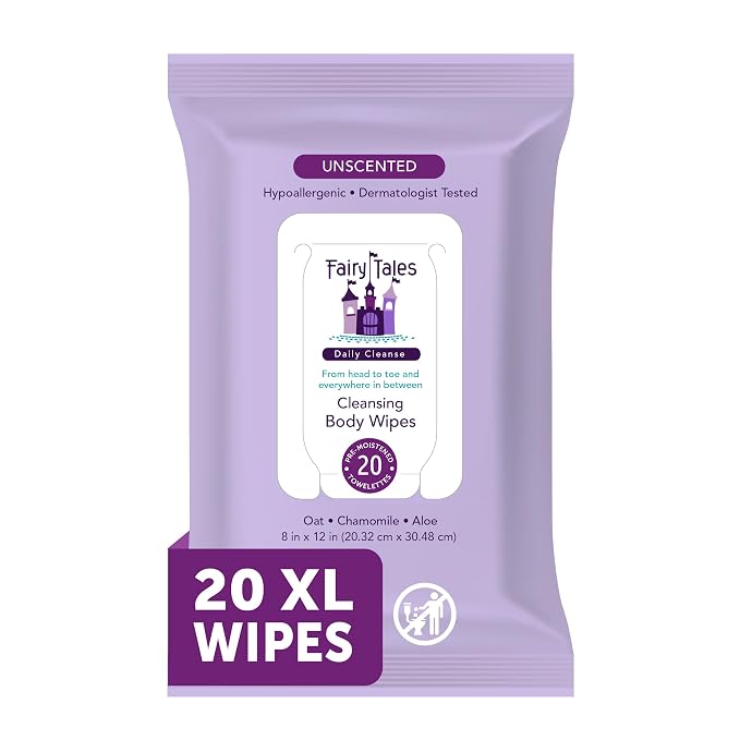 Fairy Tales Daily Cleanse XL Wipes for Kids – Extra Large Body Wipes, Gentle Disposable Washcloths, Unscented, Alcohol Free Cleansing Cloths - 20ct