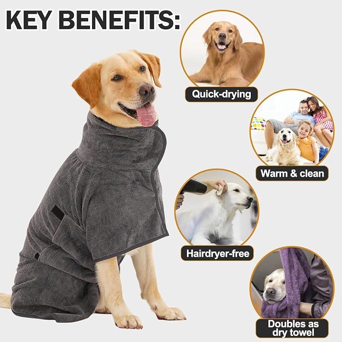 Dog Bathrobe, Quick Drying Super Absorbent Dog Robes for After Bath, Warm Keeping Dogs Towel, Dogs Bath Supplies, Comfortable Soft Drying Coat(X-Large, Grey)