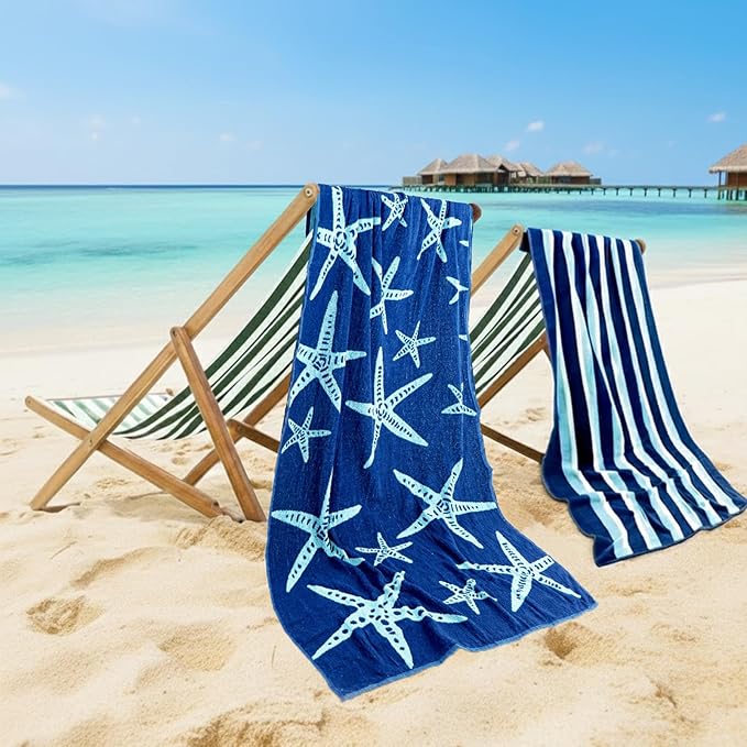 CASA COPENHAGEN Miami Towel 2Pcs Starfish Blue - Blue Stripe Designer Stripe Beach Towels Gift Set, 30"x60" Oversized 100% Cotton Pool Bath Towel for Beach Gift Set (Summer Gift Set for Women & Men)