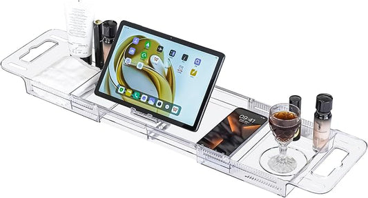 Adjustable Bathtub Tray (22-31 Inch) - Clear Acrylic Bath Caddy with Non-Slip Pads, Expandable Spa Organizer for Drinks, Books & Phone, Ideal Gift for Housewarming or Anniversary