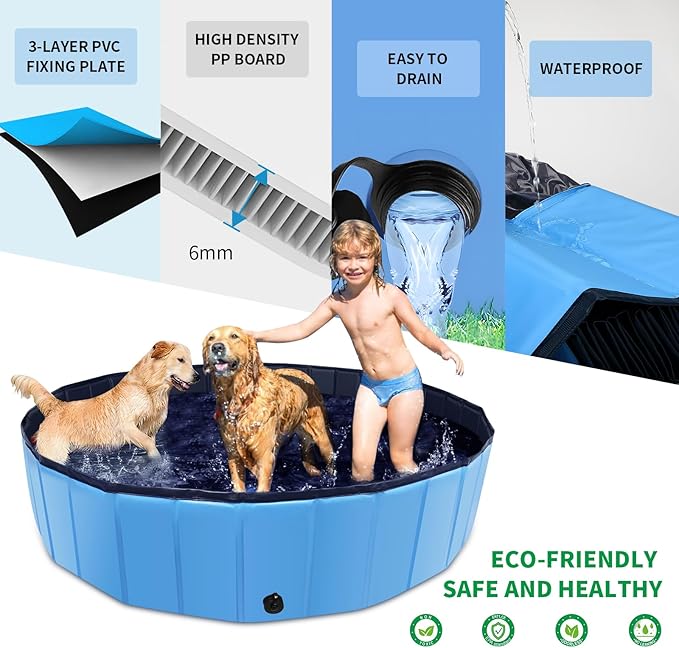 CACSPS Foldable Dog Pool, 32" x 8" Kiddie Pool with Hard Plastic, Non-Slip Dog Bath Tub for Outdoor Backyard, Collapsible Dog Swimming Pool for Kids Dogs Pets (Blue)