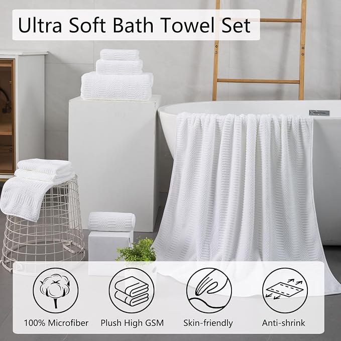 8 Pcs White Oversized Bath Towel Set-2 Extra Large Bath Sheets,2 Hand Towels,4 Washcloths Soft Bathroom Towels Highly Absorbent Quick Dry Beach Chair Towels Woven Towels for Hotel and Spa