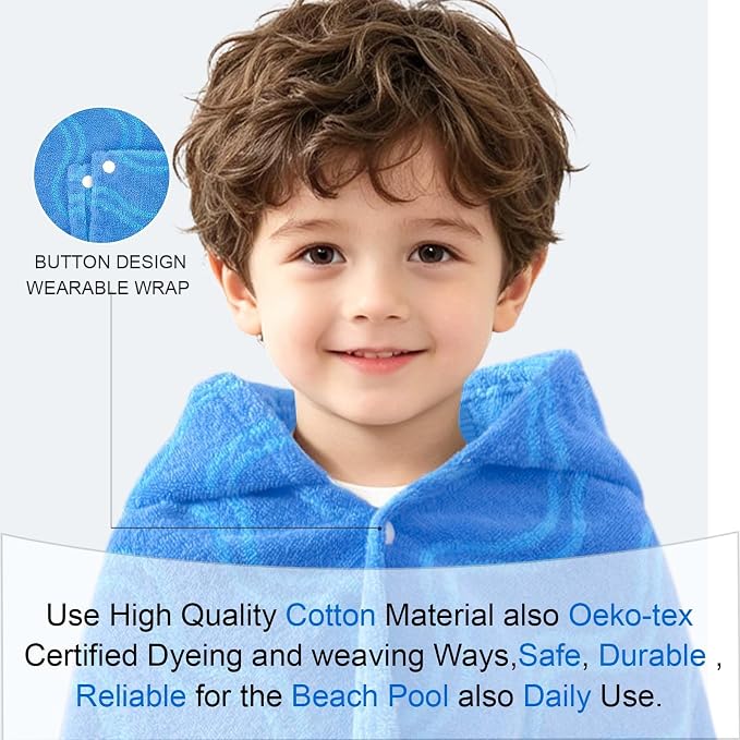 VOOVA & MOVAS Toddler Beach Towel with Hood, (0-3Years,40"X25"),Made from 100% Soft Cotton,Absorbent Hooded Towel Wrap for Baby Boy,Perfect for Pool | Swimming | Bath | Beach,Jacquard Blue Wave