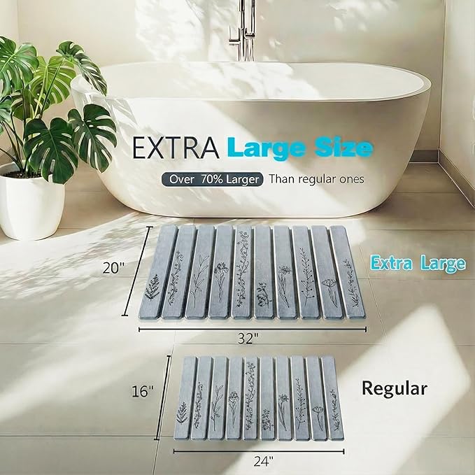 Large Foldable Stone Bath Mat - 32x20 Inch, Fast Dry Diatomaceous Earth Extra Large Bath Mats for Bathroom, Non-Slip Super Absorbent Stone Drying Mats for Kitchen Counter & Shower (Dark Gray Decor)