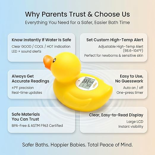 Baby Bath Thermometer with Smart Temperature Alert, Accurate Digital Water Thermometer, Adjustable High Temp Alert for Newborns, Floating Duck Toy with Timer, LED & Sound Alarm, BPA-Free, Waterproof