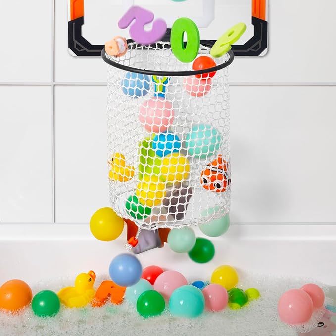 Baby Bath Toy Storage Organizer, Large Opening Mesh Bathtub Toy Storage for Tub, Bath Toy Holder for Quick Release of Toys for Bathroom, Basketball Hoop Design with Fun Bonus