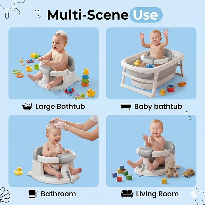 Seated Bath Seat for Baby Sitting Up - Non-Slip Plastic Bath Chair for Baby with Strong Suction Cups & 3 Toys, Safe Bathtub seat for Toddlers Babies 6-24 Months, (Gray, 14.4 x 13.4 x 7.5 Inches)