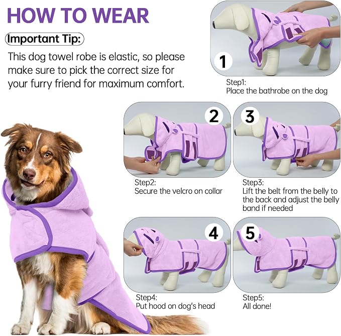 Dog Bathrobe Dog Drying Coat, Microfibre Material Fast Drying Super Absorbent Dog Bath Towel, Magic Sticker & Belly Strap, Dog Robes for After Bath Dog Bath Robe for Puppy Small Medium Large Dog Cat