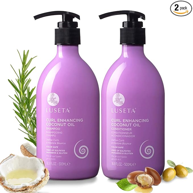 Luseta Curly Hair Shampoo and Conditioner Set with Coconut Oil, Unlimited Bounce and Definition for wavy and Coily hair, Reduce Frizz and Repair Dry Hair, for All Curl Types Sulfate Free 16.9Fl oz×2