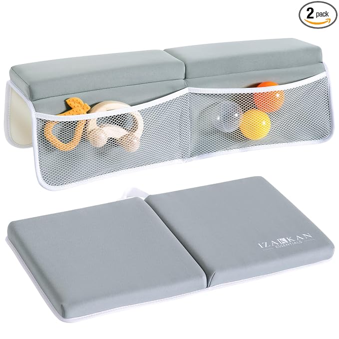 Bath Kneeler and Elbow Rest Pad Set - 1.5" Thick Baby Bath Kneeler - Non-Slip Bathtub Kneeler and Elbow Rest Set with Toy Organizer - Machine Washable Bath Kneeling Pad (Grey)