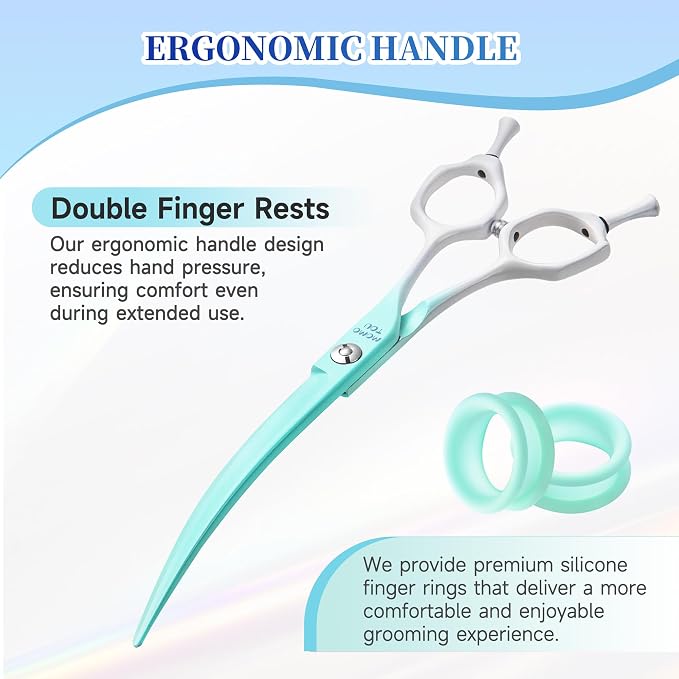 7'' Curved Dog Grooming Scissors Green to White Gradient | 440C Stainless Steel, Sharp Durable, Professional or Home Use, Ergonomic Handle with 2 Silicone Finger Rings
