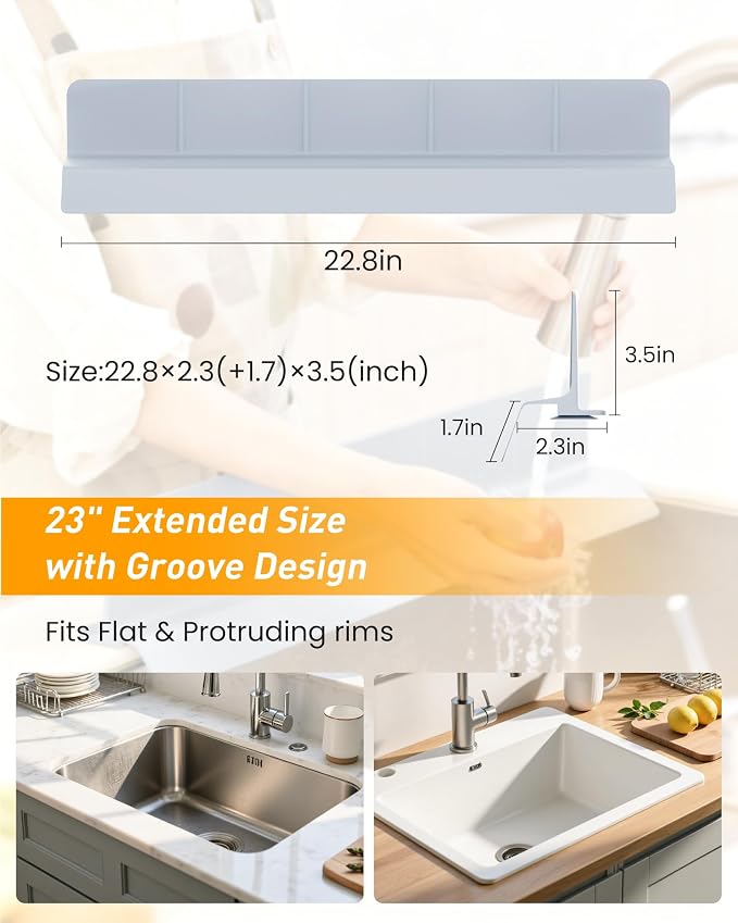Sink Splash Guard 23" 18" 30" Silicone Water Guard with Strong Suction Cups, Faucet & Countertop Protector, Bathroom & Sink Edge Splash Guard Strip, Dishwasher Safe-Grey 23"