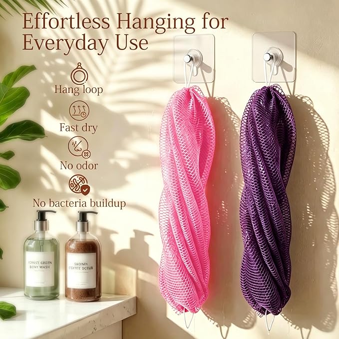 SheeChung African Net Sponge Authentic, Long Exfoliating Wash Cloths Shower Loofah Bath Sponge, 2 Pack Body & Back Scrubber for Women and Men (Neon Pink & Deep Purple)