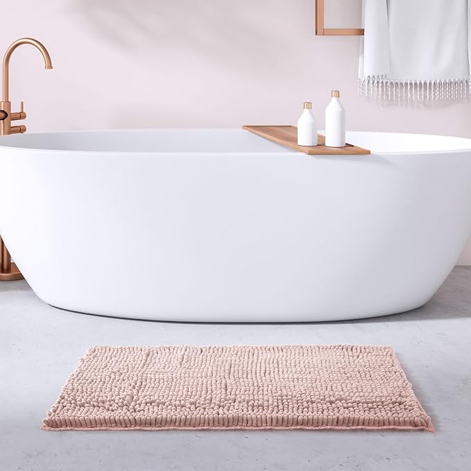 FRESHMINT Large Chenille Bathroom Rugs Mat 36”x24”, Non-Slip Bath Mat for Bathroom Floor & Bathtub, Washable Shower Shag Bath Rugs, Soft Fluffy Thick Water Absorbent Microfiber Shower Mat, Dusty Pink