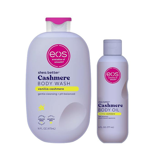 Bundle of eos Cashmere Body Wash – Vanilla Cashmere, Moisturizing Body Wash, 16 fl oz + eos Cashmere Oil, Vanilla, 24 Hour Moisture, Plant-Based Squalane to Soothe, Soften and Smooth Dry Skin, 6 fl oz