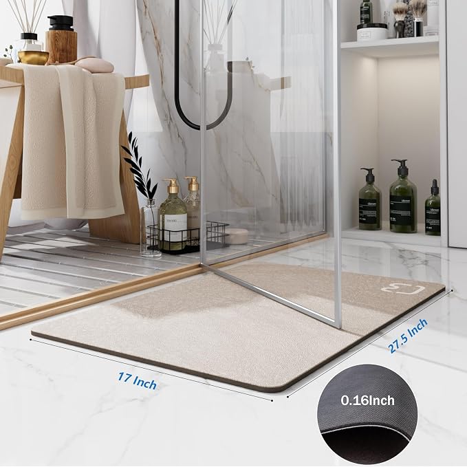 RUERYA Diatomaceous Earth Bath Mat Super Absorbent Non Slip Fast Drying Shower Rug Stone Bath Mat for Bathroom Thin Bathroom Floor Mats Fit Under Door, Machine Washable, 17" x 27.5", Taupe
