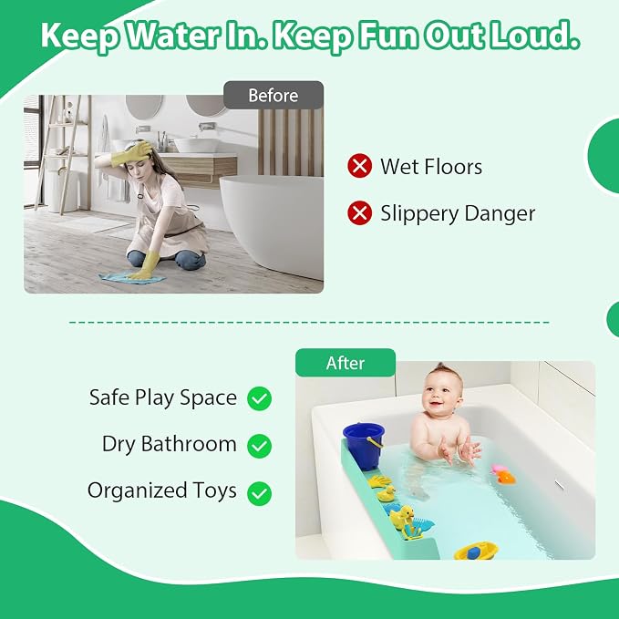 31” Bathtub Splash Guard Shelf with Strong Suction Cups, Silicone Tub Water Guard Organizer for Shampoo & Bath Essentials, No-Mess Spill Protection -Green